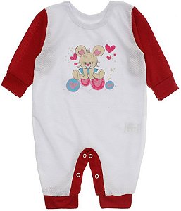 Macacão de Bebê em Piquet Coelha Branco e Vermelho