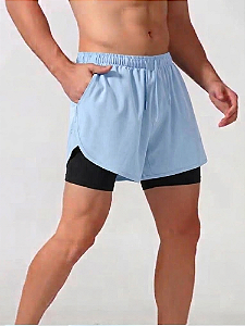 Shorts de Corrida e Treino Masculino 2 em 1 com Bolso Integrado - Azul