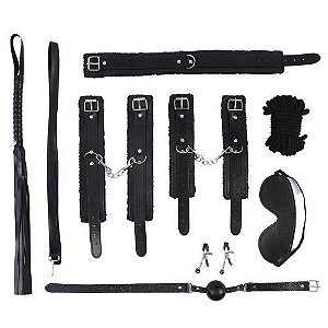 Kit Sadomasoquista BDSM Completo com Grampo de Mamilo 8 peças - PRETO