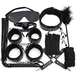 Kit Sado Erótico 10 Produtos Algemas Amarras Venda Chicote Coleira Grampos Mordaça Pena - Bandage SET BLACK