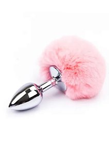 Plug Anal em Metal com Rabo de Coelho PomPom Cor Rosa - 7061 - FT-029