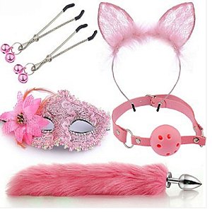 Fantasia KIT Rabo de Raposa com Tiara de Orelhas, Grampos Para os Seios em Metal e Gargantilha com Máscara - (Rosa)