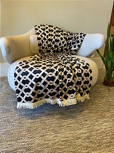 Manta Estampada Azul Marinho e Off White 140x140cm para Sofá e Cama
