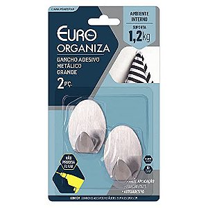 Gancho Adesivo Metálico Grande 2 Peças, ENC1195, Euro Home