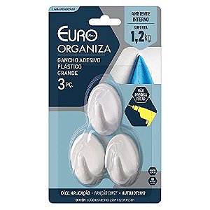 Gancho Adesivo Plástico Grande 3 Peças ENC1157 Euro Branco