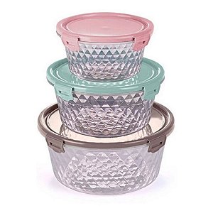 Kit 3 Potes Redondos Com Trava 550ml, 1 Litro E 1,7 Litros