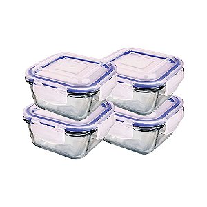 Kit 4 Potes de Vidro Hermético Quadrados 300ml Euro