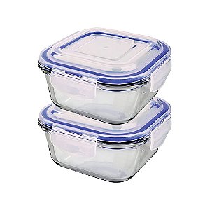 Kit com 2 Potes de Vidro Hermético Quadrados Azul 520ml Euro