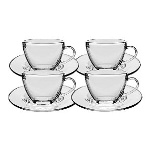 Kit 4 Jogos de Xícaras e Pires em Vidro Plasvale 218ml