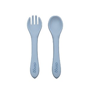 Kit Colher e Garfo de Silicone Azul - Clingo +6m