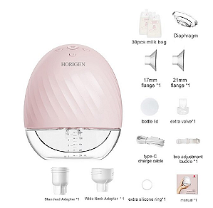 Horigen Bomba de Leite Vestível Portátil Elétrica Rosa 17mm, 21mm, 25mm + 30 Bags Leite