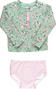 Biquíni Menina RuffleButts Manga Comprida Proteção Solar FPS 50+ Verde/Rosa