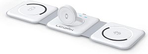 Carregador Portátil sem fio UCOMX Nano 3 em 1 para iPhone Carregamento magnético dispositivos para iPhone série 15/14/13/12, AirPods Pro, iWatch (adaptador incluído) + Bolsa de Viagem