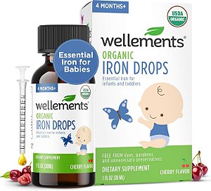 Wellements Organic Iron Drops para recém-nascidos e bebês (1 fl oz) - Suplemento de ferro líquido com sabor de cereja para bebês