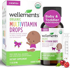 Wellements Orgânico Baby Multivitaminas Drops (1 Fl Oz) - Multivitamínicos líquidos com sabor de cereja para bebês e crianças pequenas (2 meses ou mais)