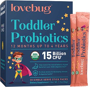 Lovebug Toddler Probiotics - Probiótico orgânico - +12m a 4 anos - 30 unidades