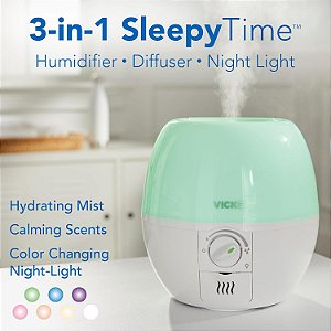 Umidificador Vicks 3 em 1 SleepyTime, Luz Noturna, Difusor de Óleo, VaporPads