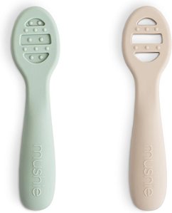 Colheres Mushie Silicone - Primeira Alimentação, 2 un, Cambridge Blue/Shifting Sand