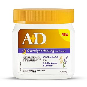 Pomada A+D Overnight Healing Diaper Rash Ointment - Acalma, Protege e Alivia asaduras durante a noite com lavanda e aveia coloidal 431G