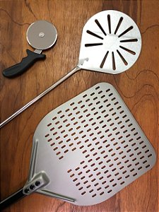 Kit pá perfurada + pá de fornear + cortador de pizza