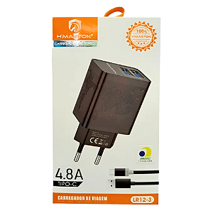 Carregador Rápido 2 Usb 4.8A C/ Cabo Tipo C LR12-3 Hmaston