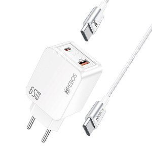 Carregador Rápido 1 Usb + 1 Tipo C 65W + Cabo Tipo C CRG-387CC Hrebos