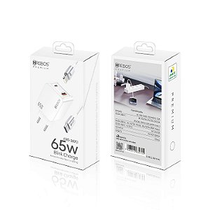 Carregador Rápido 1 Usb + 1 Tipo C 65W + Cabo Tipo C Lightning CRG-387CI Hrebos