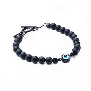 Pulseira Key Design Harington de Pedra Natural Preta com Pedra Olho Grego