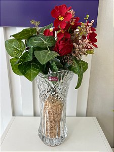 ARRANJO DE FLORES VASO DECORADO TRANSPARENTE