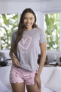 Pijama Feminino Curto Coração Mescla - Empório Do Algodão