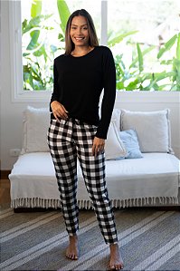 Pijama Feminino Manga Longa Xadrez Preto - Empório do Algodão