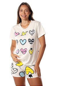 Pijama Feminino Curto Coração Off 100% Algodão - Empório do Algodão