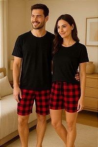 Pijama Casal Xadrez Vermelho Manga Curta