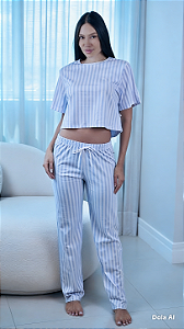 Pijama Meia Estação Cropped Com Calça Listrado Azul - Empório do Algodão