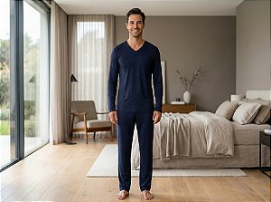 Pijama Masculino Azul Marinho Manga Longa - 100% Algodão – Empório do algodão