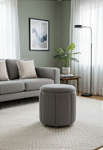 Puff Redondo Baú Não é Segredo Debrum Linho Cinza 40x45 NS0606