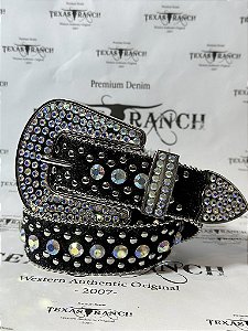 Cinto de Couro Feminino Preto c/ Pedras