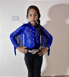 Body Camisa Infantil Blue Flowers c/ Franjas