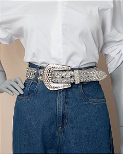 Cinto Country Glitter Prata c/ Pedras Furta-cor