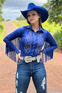 Body Camisa Cirrê Azul Royal Iridescent Franjas TR128