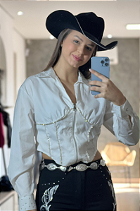 Camisa Cropped Branca Feminina Corrente Strass Texas Ranch Jeans Ref. TR45