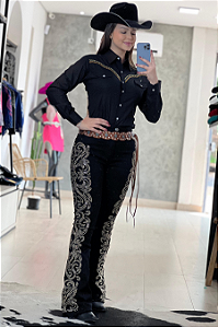 Calça Jeans Moda Country Detalhada Brilhos Dourados Texas Ranch Ref. TR169