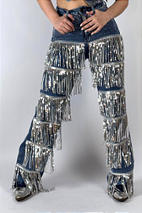 Calça Jeans Wide Leg All Franjas Paetê Texas Ranch Ref. TR180