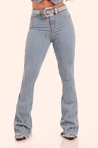 Calça Jeans Delavê Miss Diamond Franjas Strass Ref. TR197