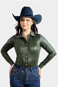Body Camisa Cirrê Verde Escuro Diamond Texas Ranch Jeans Ref. TR230