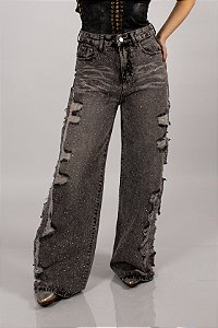 Calça Jeans Azul Wide Leg Stoned Destroyed Silver Shine Ref. TR271