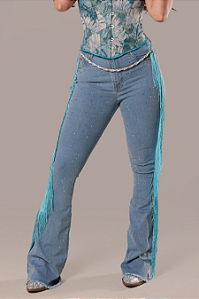 Calça Jeans Delavê Blue Franjas Strass Country Sessions Ref. TR277
