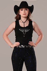 Blusinha Preta Regata Rendada Bordada Head Ox Ref. TR42
