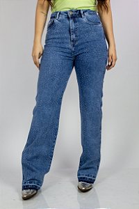Calça Jeans Azul Wide Leg Galaxy Strass Ref. TR282