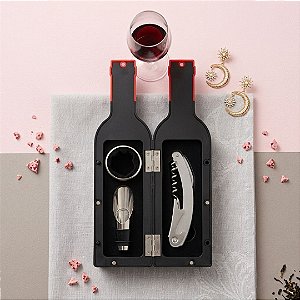 Kit Acessórios Para Vinho 3 Peças + Estojo Formato Garrafa | Saca-Rolhas Anel Bico Dosador | Presente Lembrancinha